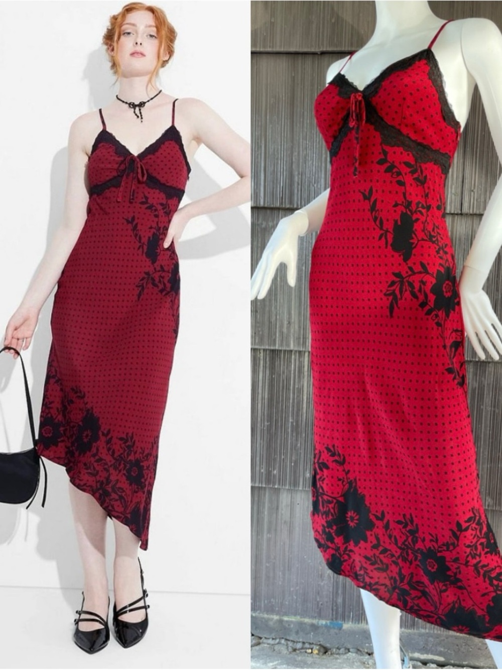 Wild Fable Red Slip Dress with Black Floral Lace Trim